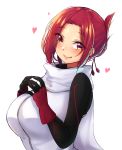  1girl breasts closed_mouth eyebrows_visible_through_hair eyes_visible_through_hair fingerless_gloves fingers_together folded_ponytail gloves hands_up heart heart-shaped_pupils highres kemurikusa large_breasts looking_at_viewer mistynight red_eyes red_gloves red_hair rin_(kemurikusa) scarf smile solo symbol-shaped_pupils upper_body white_scarf 