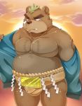 2017 anthro ashigara belly blush brown_fur clothing fur humanoid_hands male mammal mohawk moobs nikiciy outside overweight overweight_male solo tokyo_afterschool_summoners undressing ursid video_games 