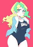  1girl black_swimsuit blonde_hair blue_eyes blush breasts cleavage cowboy_shot diana_cavendish green_hair halftone hands_up hys-d light_green_hair little_witch_academia long_hair looking_at_viewer medium_breasts multicolored_hair one-piece_swimsuit parted_lips red_background school_swimsuit solo swimsuit towel two-tone_hair 
