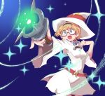  1girl belt blonde_hair blue_eyes breasts cowboy_shot dress eyebrows_visible_through_hair foreshortening freckles glasses gradient hairband hand_up hat highres hys-d little_witch_academia long_sleeves lotte_jansson round_eyewear semi-rimless_eyewear short_hair solo under-rim_eyewear wand white_dress white_headwear witch witch_hat 