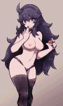  1girl @_@ ahoge bare_arms bare_shoulders black_legwear black_panties breasts brown_background closed_mouth creatures_(company) game_freak hairband hex_maniac_(pokemon) highres lamb-oic029 large_breasts long_hair looking_at_viewer matching_hair/eyes messy_hair nail_polish navel nintendo nipples panties poke_ball poke_ball_(generic) pokemon pokemon_(game) pokemon_xy purple_eyes purple_hair smile solo thighhighs topless underwear 