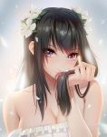  1girl bangs bare_arms bare_shoulders black_hair blue_eyes blurry blush breasts cleavage closed_mouth depth_of_field dress eyebrows_visible_through_hair eyes_visible_through_hair female flower hair_between_eyes hair_flower hair_grab hair_ornament hand_up highres holding holding_hair large_breasts light_particles lips long_hair looking_at_viewer multicolored multicolored_eyes obaoba_(monkeyix) original petals pink_lips red_eyes sidelocks smelling smile solo strapless strapless_dress upper_body white_dress white_flower 