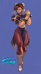  1girl 2019 90s blue_background blue_dress boots bracelet breasts brown_eyes brown_hair brown_legwear bun_cover capcom china_dress chinese_clothes chun-li commentary copyright_name cross-laced_footwear david_liu double_bun dress earrings english_commentary full_body hair_ribbon highleg highleg_dress highleg_panties highres jewelry knee_boots knees large_breasts legs long_legs oldschool panties pantyhose pelvic_curtain puffy_short_sleeves puffy_sleeves ribbon short_hair short_sleeves side_slit smirk solo spiked_bracelet spikes street_fighter street_fighter_ii_(series) thick_thighs thighs underwear white_footwear white_ribbon 