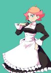  1girl alternate_costume amanda_o&#039;neill apron aqua_background breasts cowboy_shot dress enmaided frilled_apron frills green_eyes hand_on_hip hand_up highres hys-d juliet_sleeves little_witch_academia long_sleeves maid maid_apron medium_breasts multicolored_hair orange_hair parted_lips puffy_sleeves red_hair short_hair simple_background smile solo two-tone_hair 