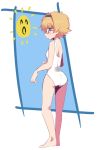  1girl bangs blonde_hair blue_eyes blush child eyebrows_visible_through_hair freckles from_behind full_body glasses hairband hys-d little_witch_academia looking_at_viewer lotte_jansson one-piece_swimsuit profile round_eyewear semi-rimless_eyewear short_hair solo standing sun swimsuit under-rim_eyewear white_swimsuit 