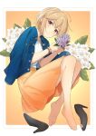  1girl aiba_yumi barefoot blonde_hair blush bracelet brown_eyes feet flower highres idolmaster idolmaster_cinderella_girls jacket_on_shoulders jewelry looking_at_viewer necklace shoes_removed smile toes 