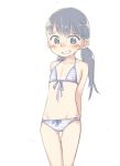  1girl andoryu_(savile_row_17_banchi) arms_behind_back bikini blush female flat_chest grin highres low_twintails midriff navel original simple_background smile solo swimsuit thigh_gap twintails white_background 
