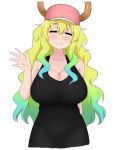  1girl blonde_hair blush breasts cleavage eyes_closed hat highres horns kobayashi-san_chi_no_maidragon large_breasts long_hair looking_at_viewer multicolored_hair quetzalcoatl_(maidragon) simple_background smile solo the_only_shoe wave 