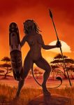  2019 5_fingers anisis anthro breasts day digital_media_(artwork) digitigrade felid female grass holding_object holding_weapon lion mammal melee_weapon navel nipples nude open_mouth outside pantherine polearm pussy rock sky solo spear standing sun teeth tongue weapon 