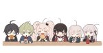  2boys 4girls ahoge alternate_hair_ornament amami_rantarou bangs black_hair black_ribbon black_sailor_collar blush_stickers bow bowtie bubble_tea burger closed_eyes danganronpa:_trigger_happy_havoc danganronpa_(series) danganronpa_2:_goodbye_despair danganronpa_v3:_killing_harmony eating enoshima_junko eyebrows_visible_through_hair food gamhwa green_eyes green_hair grey_background hair_ornament hair_ribbon hairclip harukawa_maki holding kirigiri_kyouko looking_at_another low_twintails messy_hair mole mole_under_eye multiple_boys multiple_girls nanami_chiaki noodles pout ramen red_bow red_bowtie red_eyes red_scrunchie red_shirt ribbon saihara_shuuichi sailor_collar scrunchie shirt short_hair simple_background sleeping smile striped striped_sweater sweater triangle_hair_ornament twintails 