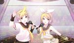  1boy 1girl absurdres bangs black_sailor_collar black_shorts black_sleeves blonde_hair brother_and_sister collarbone detached_sleeves eyebrows_visible_through_hair green_eyes hair_ornament hairband hairclip highres holding holding_microphone kagamine_len kagamine_rin lawnielle looking_at_viewer microphone midriff miniskirt necktie pleated_skirt sailor_collar shirt short_hair short_sleeves shorts siblings skirt sleeveless sleeveless_shirt stage stomach swept_bangs vocaloid white_hairband white_shirt white_skirt yellow_neckwear 