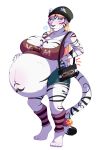  2019 allymoodyneko anthro bell belly big_belly big_breasts black_stripes blonde_hair blush breasts clothed clothing exhausted felid female fur hair hand_on_stomach hat hi_res mammal navel outie_navel pantherine pregnant purse stripes tiger white_fur 