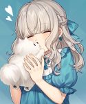  1girl animal blue_background blue_bow blue_dress blush bow braid closed_mouth commentary_request dog dress eyes_closed fingernails grey_hair hair_bow hands_up heart highres holding holding_animal holding_dog karokuchitose long_hair original pomeranian_(dog) puffy_short_sleeves puffy_sleeves short_sleeves solo upper_body 