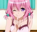  1girl ;) breasts cleavage highres momo_velia_deviluke one_eye_closed pink_hair purple_eyes screencap short_hair smile stitched third-party_edit to_love-ru to_love-ru_darkness 