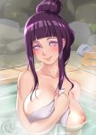  1girl alternate_hairstyle bathing blue_hair blush breasts hyuuga_hinata large_breasts lavender_eyes long_hair looking_at_viewer naruto naruto_(series) nipple_slip nipples onsen roro smile solo towel updo water wet 