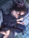  1girl bad_anatomy black_hair bow breasts cleavage clenched_hand eyes_closed futon hair_bow indoors izumi_(stardustalone) japanese_clothes kimono long_hair lying night on_side original pink_bow shadow sleeping 