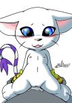  anthro blue_eyes blush claws clothing digimon digimon_(species) digital_media_(artwork) duo fangs felid female fur gatomon gloves haiiromon male mammal nipples open_mouth penetration penis pussy simple_background smile vaginal vaginal_penetration whiskers white_fur 