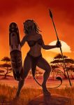  2019 4_toes 5_fingers anisis anthro barefoot breasts clothed clothing day digital_media_(artwork) digitigrade felid female grass holding_object holding_weapon lion loincloth mammal melee_weapon midriff navel open_mouth outside pantherine polearm rock sky solo spear standing sun teeth toes tongue weapon 