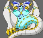  belly big_breasts blue_hair blue_skin breasts canastus claws deity dragon dragon_ball dragon_ball_gt fangs feet female hair horn lipstick long_hair long_tail looking_at_viewer makeup navel nipples nude oceanus_shenron on_ground scales simple_background smile spikes white_hair wide_hips wings 