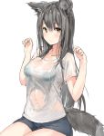  1girl animal_ear_fluff animal_ears bangs black_bra black_shorts blush bra bra_through_clothes breasts brown_eyes closed_mouth collarbone commentary_request eyebrows_visible_through_hair grey_hair hair_between_eyes hands_up highres hinako_(anzu15) long_hair looking_at_viewer medium_breasts original see-through shirt short_shorts short_sleeves shorts simple_background sitting solo tail underwear very_long_hair wet wet_clothes wet_shirt white_background white_shirt wolf_ears wolf_tail 