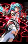  1girl aqua_eyes aqua_hair armpits arms_up bare_shoulders bdsm black_gloves blush bondage bound bound_arms breasts breasts_apart burnt_clothes clenched_teeth elbow_gloves from_below gloves grey_shorts hair_ribbon hatsune_miku high_collar highres knee_up laser long_hair looking_down medium_breasts nijigen_dream_fever_(vocaloid) nose_blush pink_ribbon project_diva_(series) restrained ribbon scared shirt shorts sleeveless sleeveless_shirt solo sweat teeth thigh_strap thighhighs torn_clothes torn_gloves torn_legwear torn_shirt torn_shorts tsukishiro_saika very_long_hair vocaloid w_arms white_legwear wide-eyed 