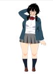  1girl blazer blush bow breasts collared_shirt drain_(drain0214) full_body glasses grey_skirt hair_between_eyes jacket jimiko large_breasts loafers looking_at_viewer low_twintails navy_blue_legwear original pleated_skirt plump school_uniform shirt shoes skirt smile socks solo standing twintails white_shirt 