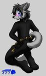  anthro bdsm bodysuit bondage bound canid canine canis clothed clothing fully_clothed handcuffs hands_behind_back kneeling male mammal meme ota_kuwolf otakuwolf pinup pose rear_view rubber shackles simple_background skinsuit smile solo straps tailwag tight_clothing wolf wrist_cuff 