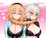  2girls ahoge blonde_hair blush breasts clouds eyebrows_visible_through_hair eyes_closed fate/grand_order fate_(series) headband heart highres jeanne_d&#039;arc_(alter_swimsuit_berserker) jeanne_d&#039;arc_(fate)_(all) large_breasts multiple_girls pink_sky sky smile swimsuit the_only_shoe white_hair yellow_eyes 