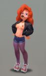  2019 anthro beauty_mark breasts canid canine canis clothed clothing digital_media_(artwork) disney domestic_dog ear_piercing ear_ring female flo goof_troop hair hands_on_hips hi_res legwear light_skin long_hair looking_at_viewer mammal navel nipples open_jacket pantyhose piercing red_hair roxanne_(goof_troop) shorts simple_background smile solo standing thong topless 
