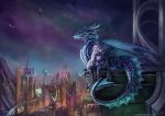  2019 blue_scales digital_media_(artwork) dragon duo elf feral hair hi_res horn humanoid lying membranous_wings night outside scales scalie sky spines star starry_sky western_dragon white_hair wings x-celebril-x 