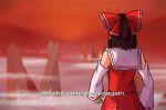  1girl black_hair bow commentary detached_sleeves dress english_commentary english_text fog from_behind grand_theft_auto:_san_andreas hair_bow hair_ribbon hakurei_reimu parody paw_print profanity red_dress red_ribbon red_sky ribbon ribbon-trimmed_sleeves ribbon_trim sky solo speckticuls touhou wily_beast_and_weakest_creature 