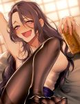  1girl alcohol arm_up armpits beer black_legwear blouse blue_skirt blush breasts can cup drunk feet half-closed_eyes holding holding_can holding_cup indoors knee_up large_breasts long_hair looking_at_viewer mole mole_under_mouth morino_bambi no_shoes open_mouth original pantyhose purple_eyes purple_hair reclining skirt sleeveless_blouse solo toes wavy_hair white_blouse 