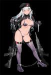  1girl adapted_costume assault_rifle bangs battle_rifle beret bikini black_background blunt_bangs blush boots breasts chains character_name clothes_writing cuffs eyebrows_visible_through_hair facial_mark full_body girls_frontline gloves gluteal_fold green_eyes grin groin gun h&amp;k_hk416 h&amp;k_hk417 hair_ornament hat heckler_&amp;_koch high_heel_boots high_heels highleg highleg_bikini highres hk416_(girls_frontline) holding holding_hair ihobus jacket long_hair looking_at_viewer navel one_eye_closed purple_bikini purple_footwear rifle shackles shrug_(clothing) sidelocks silver_hair skindentation smile solo sparkle stomach swimsuit teardrop thigh_boots thighhighs very_long_hair weapon 