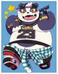  2019 alp_(tas) anthro belly blush clothing fur giant_panda humanoid_hands male mammal overweight overweight_male pants purple_eyes purple_fur shirokumaou shirt solo teeth tokyo_afterschool_summoners ursid video_games 