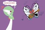  &lt;3 2019 anthropod arthropod butterfree dialogue english_text female female/female gardevoir green_hair hair insect insect_wings lineless mikaila_turkleson musical_note nintendo playing_music pok&eacute;mon pok&eacute;mon_(species) purple_background red_eyes simple_background text thought_bubble ukulele video_games wings 