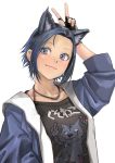  1girl animal_ears blue_eyes blue_hair cat cat_ears collarbone fingerless_gloves freckles fur gloves halterneck highres jewelry kilye_4421 lips looking_to_the_side necklace original short_hair simple_background solo whiskers white_background 