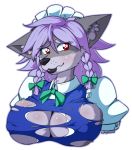  2018 alpha_channel anthro big_breasts blush breasts bust_portrait canid canine canis clothed clothing embarrassed female kdhynamo mammal nipple_outline portrait post_transformation red_eyes ribbons sakuya_izayoi simple_background solo torn_clothing touhou transformation transparent_background video_games wolf 