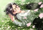  1girl bag bangs black_hair black_skirt blurry blurry_foreground blush breasts collarbone commentary_request dappled_sunlight depth_of_field eyebrows_visible_through_hair forehead glasses grass grin hand_up long_hair looking_to_the_side lying medium_breasts miyabi_akino office_lady on_back on_grass original parted_bangs pencil_skirt petals purple_eyes shirt shoulder_bag skirt smile solo sunlight teeth twitter_username white_shirt 