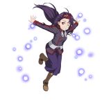  1girl ahoge boots brown_footwear floating_hair full_body grin hair_intakes hairband highres jacket leaning_forward leg_up long_hair long_skirt long_sleeves looking_at_viewer one_eye_closed outstretched_arms purple_hair purple_jacket purple_skirt red_eyes red_hairband shiny shiny_hair skirt smile solo sword_art_online transparent_background very_long_hair yuuki_(sao) 