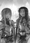  2girls :d abec alice_schuberg armor breastplate cowboy_shot eyes_closed fanatio_synthesis_two gauntlets greyscale hair_intakes hairband highres long_hair monochrome multiple_girls novel_illustration official_art open_mouth outstretched_hand shoulder_armor smile spaulders standing sword_art_online 