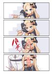  1boy 1girl 4koma :d =_= abigail_williams_(fate/grand_order) afterimage animal arm_up bangs black_bow black_dress black_headwear blonde_hair blue_eyes blush bow cat cat_teaser chaldea_uniform closed_mouth comic commentary crying dress eyes_closed fate/grand_order fate_(series) flying_sweatdrops forehead fujimaru_ritsuka_(male) hair_bow hat heart highres holding jacket long_hair long_sleeves open_mouth orange_bow parted_bangs polka_dot polka_dot_bow scratching shimokirin silent_comic sleeves_past_fingers sleeves_past_wrists smile squatting streaming_tears tears trembling uniform very_long_hair wavy_mouth white_jacket 