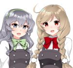  2girls alternate_costume black_dress bow bowtie braid breasts buttons cloud_hair_ornament collared_shirt dress eyebrows_visible_through_hair gradient_hair green_hairband grey_eyes hair_between_eyes hair_ornament hairband kantai_collection kirigakure_(kirigakure_tantei_jimusho) light_brown_hair long_hair long_sleeves looking_at_viewer minegumo_(kantai_collection) multicolored_hair multiple_girls neck_ribbon pinafore_dress red_eyes red_neckwear red_ribbon remodel_(kantai_collection) ribbon school_uniform shirt silver_hair sleeveless sleeveless_dress small_breasts twin_braids upper_body wavy_hair white_shirt yamagumo_(kantai_collection) 