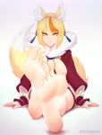 1girl animal_ears barefoot blonde_hair feet fire_emblem fire_emblem_if fox_ears fox_tail highlights kinu_(fire_emblem_if) looking_at_viewer multicolored_hair nintendo pov pov_feet puffypinkpaws smile soles tail toes yellow_eyes 