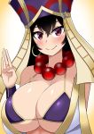  1girl bead_necklace beads bikini black_hair blush breasts cleavage earrings fate/grand_order fate_(series) hat highres huge_breasts jewelry large_breasts necklace purple_eyes smile solo swimsuit the_only_shoe xuanzang_(fate/grand_order) 
