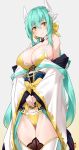  1girl absurdres aqua_hair bikini bow breasts detached_collar dragon_girl dragon_horns fate/grand_order fate_(series) grey_background hair_bow highres horns japanese_clothes kimono kiyohime_(fate/grand_order) kiyohime_(swimsuit_lancer)_(fate) large_breasts obi sash simple_background solo swimsuit vkejr702 wide_sleeves yellow_bikini yellow_bow yellow_eyes 