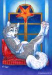  2019 4_toes 5_fingers anthro black_nose blue_eyes canid canine canis domestic_dog fur grey_fur husky kashmere looking_at_viewer male mammal nordic_sled_dog pawpads sitting smile solo spitz toes traditional_media_(artwork) white_fur 