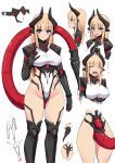  1girl :d blonde_hair blue_eyes blush breasts character_sheet covered_navel eyebrows_visible_through_hair hand_on_own_chest high_heels highres hime_cut horns ishimiso_(ishimura) large_breasts long_hair looking_at_viewer open_mouth original smile tail tall thighhighs upper_teeth 