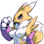  big_breasts black_sclera blue_eyes breasts canid canine digimon digimon_(species) featureless_breasts female fox fur looking_at_viewer mammal multicolored_fur renamon simple_background solo white_fur xylas yellow_fur 