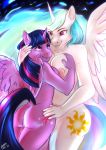  2019 anthro anthrofied archinloon big_breasts breast_size_difference breasts butt cutie_mark dock duo equid feathered_wings feathers female female/female friendship_is_magic hair hand_behind_head hand_on_breast hand_on_hip hi_res horn hug mammal multicolored_hair my_little_pony nipples portrait princess_celestia_(mlp) purple_eyes rear_view smile three-quarter_portrait twilight_sparkle_(mlp) winged_unicorn wings 