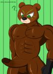  2019 ? abs balls bear_mask build-a-bear(klr-rio) clothing dark_skin digital_media_(artwork) erection fur gloves green_eyes hi_res human humanoid_penis klr-rio legwear male mammal mask muscular muscular_male nipples nude pecs penis simple_background solo 